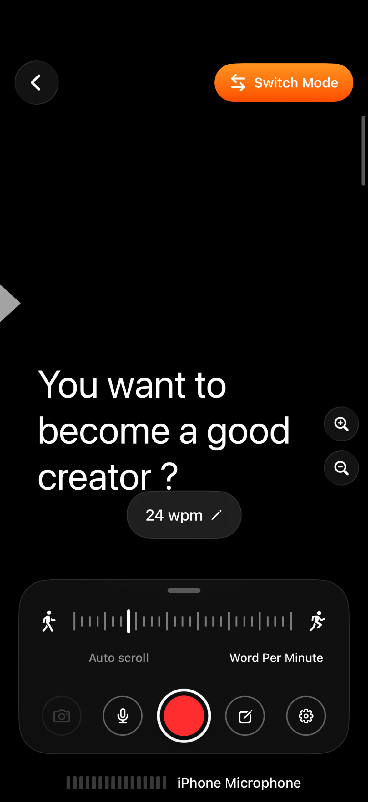 CuePrompter audio recording mode with a scrolling script, microphone control, and words-per-minute setting